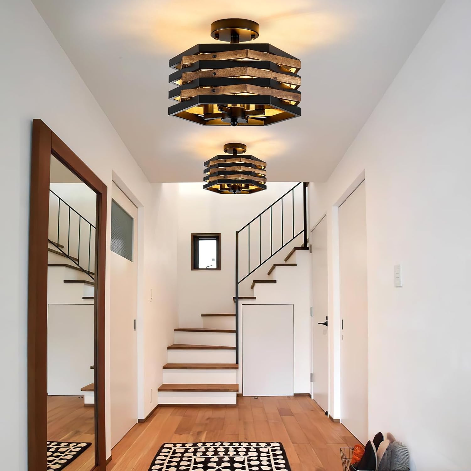 SGLfarmty Farmhouse Rustic Wood Flush Mount Ceiling Light, 4-Light Rustic Semi Flush Light with Hexagon Wood, Unique Bedroom Ceiling Light Fixtures