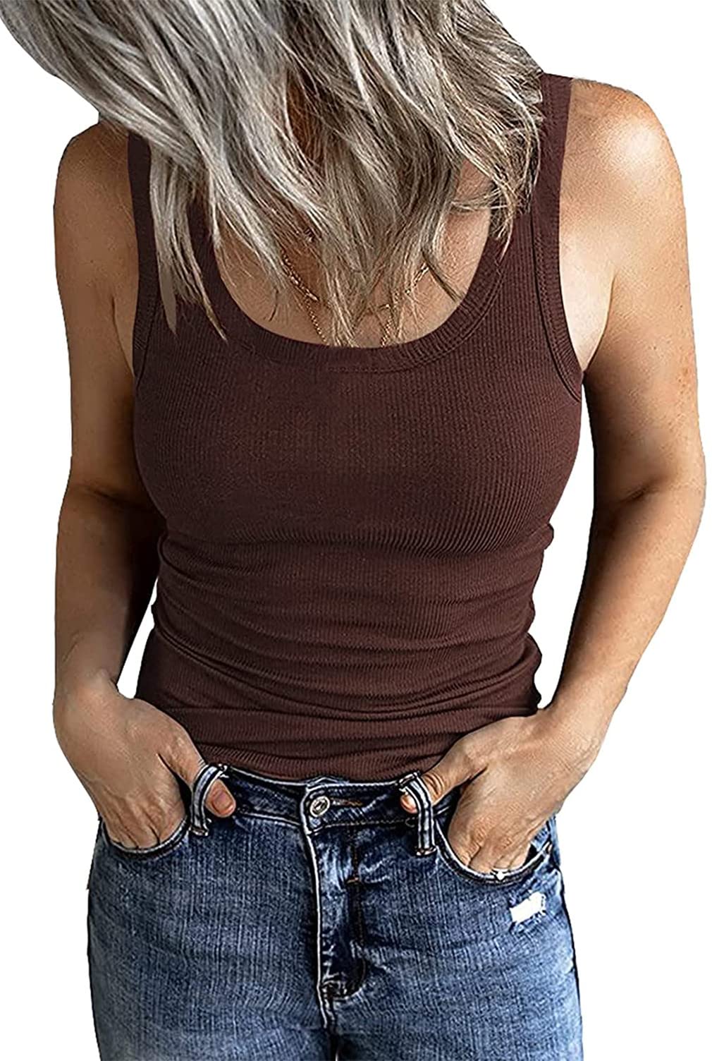 GEMBERA Women's Sleeveless Scoop Neck Ribbed Tank Tops Fitted Basic Cami Tee Shirts, Brown, S