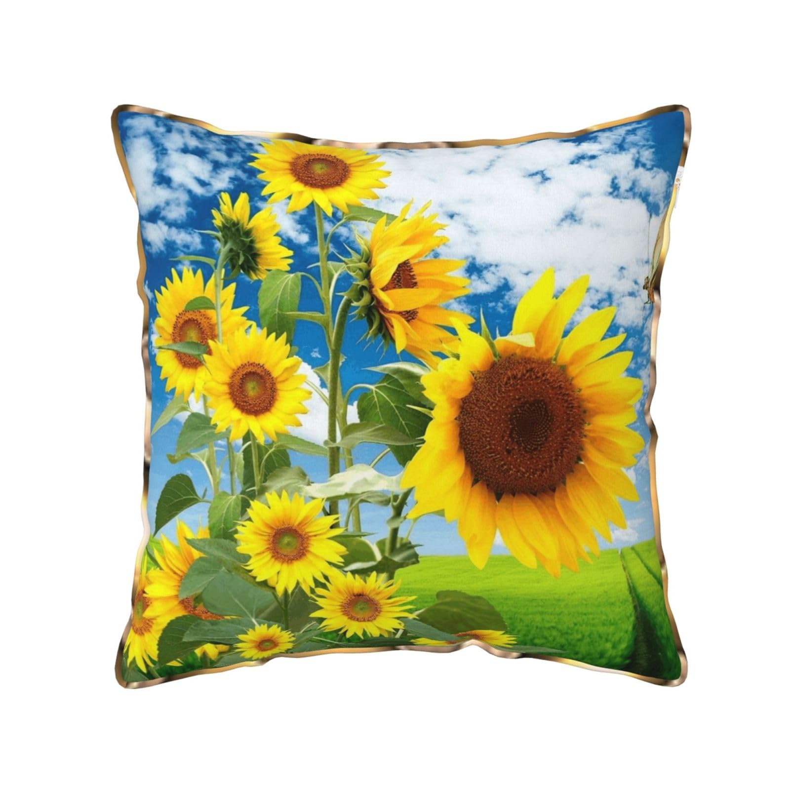 AUBKFELD Sunflower Butterfly Printed Velvet Cushion Cover 40x40 CM with Gold Edging Strip, Square Pillowcase Soft Throw Pillow Covers Case Decorative for Living Room Sofa Couch Bed Bench
