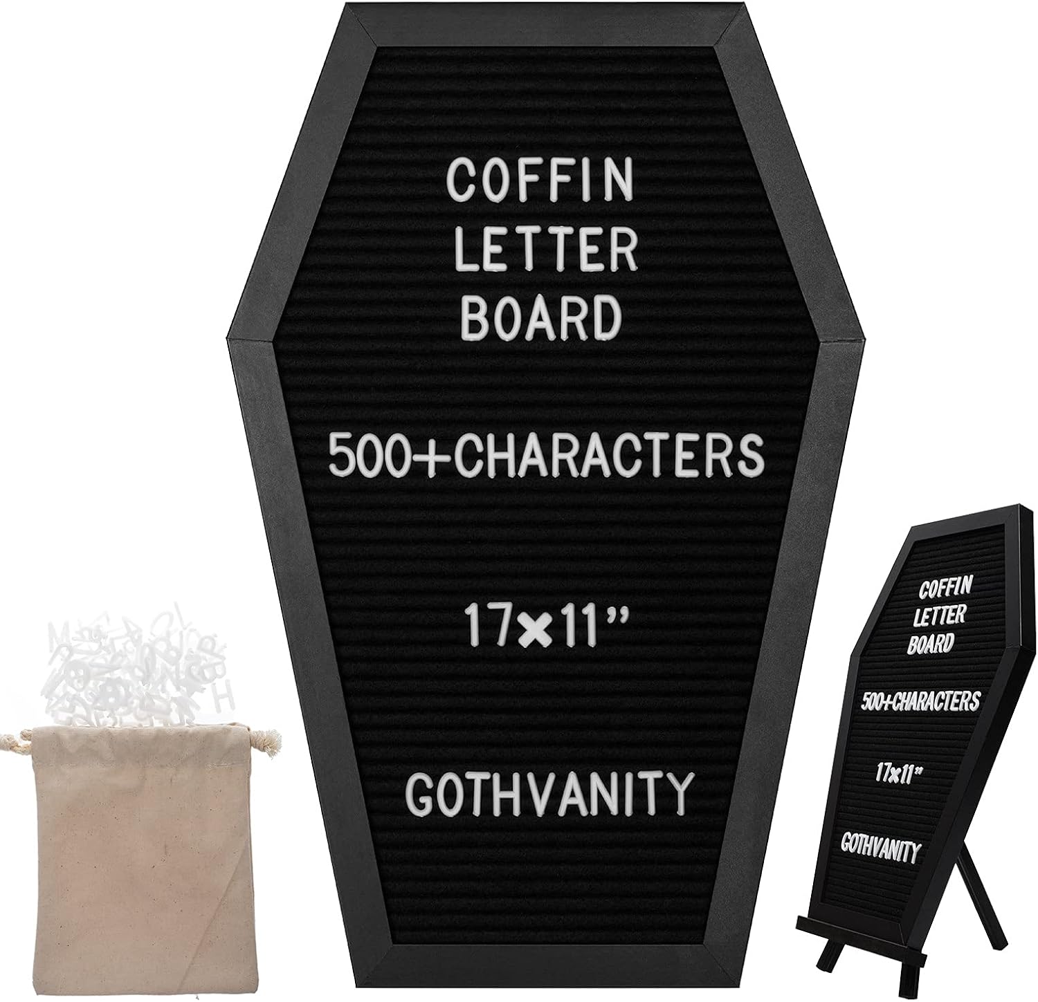 Gothic Coffin Letter Board - 500+ Characters Changeable Black Decor, Wooden 17x11 Inches, Table Top & Wall Mount for Home Office School