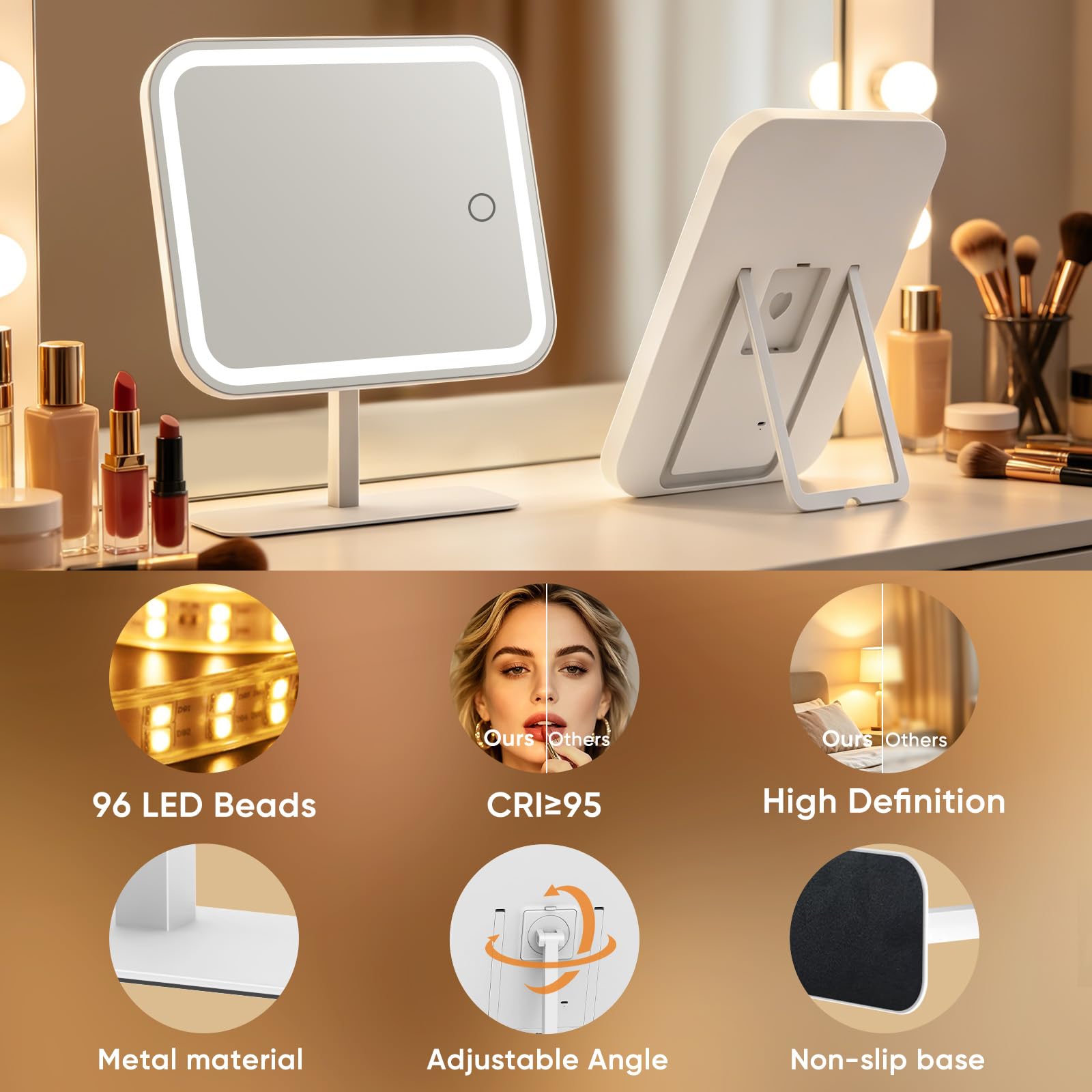 FUNTOUCH Espejo de tocador grande con luces, 4500 mAh, recargable, iluminado con aumento de 30x, 3 luces regulables de color, control táctil, rotación de 360°, regalo para mujer, para dormitorio