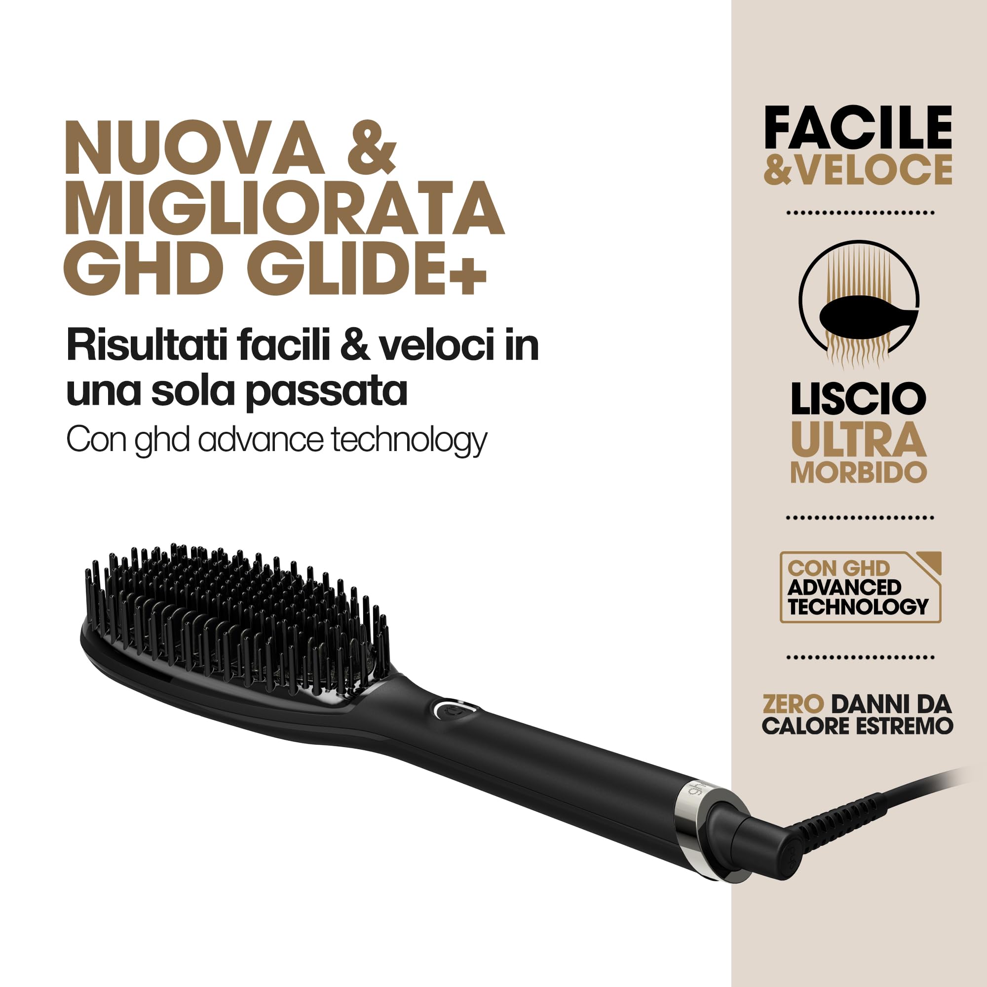 ghd glide+, Spazzola Lisciante per Capelli Professionale Anticrespo, Nero | 57% di luminosità in più, Zero Danni da Calore Estremo, Tecnologia di Riscaldamento in Ceramica e Ionizzatore Anti Crespo