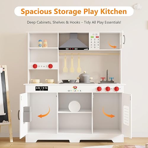 Miniatura 4 de Cocina grande de madera para niños, juego de cocina realista con electrodomésticos interactivos y almacenamiento, capucha, microondas, cafetera y