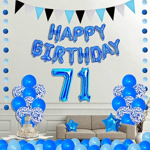 Miniatura 3 de Tema azul 71 para fiesta de cumpleaños de 71 años, pancarta azul de feliz cumpleaños, círculos azules, guirnalda de papel colgante triangular,