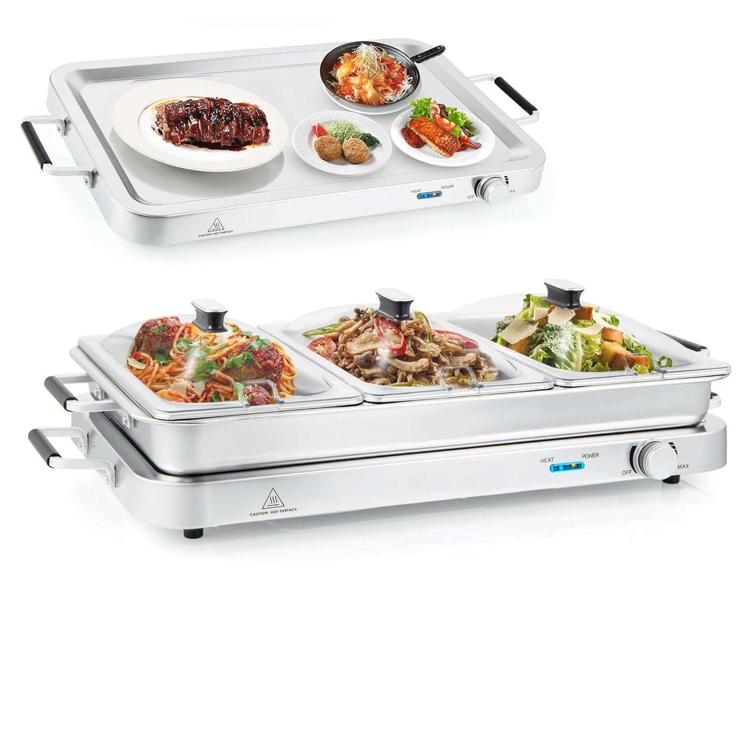Buffet Server & Food Warmer, 2-in-1 Electric Buffet Warmer with Adjustable Heat, 3 Food Pans with Lids, 8 Qt Stainless Steel Chafing Dishes, Warming Trays for Buffets Party Banquets Catering
