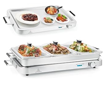Buffet Server & Food Warmer, 2-in-1 Electric Buffet Warmer with Adjustable Heat, 3 Food Pans with Lids, 8 Qt Stainless Steel Chafing Dishes, Warming Trays for Buffets Party Banquets Catering