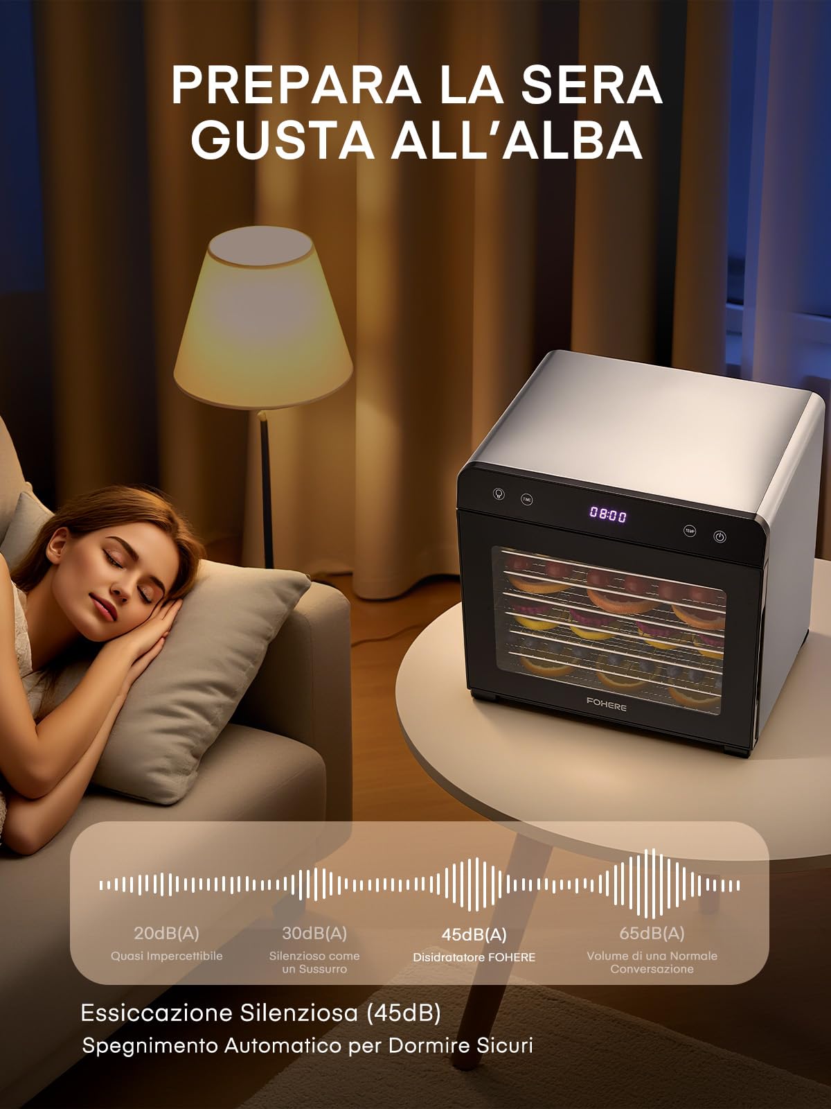 FOHERE Essiccatore Alimentare 8 Vassoi in Acciaio Inox, Silenzioso <40dB per Uso Notturno, Termostato 35-75℃ Timer 48h, per Frutta, Verdura, Carne, Funghi, Erbe, Snack per Bebè