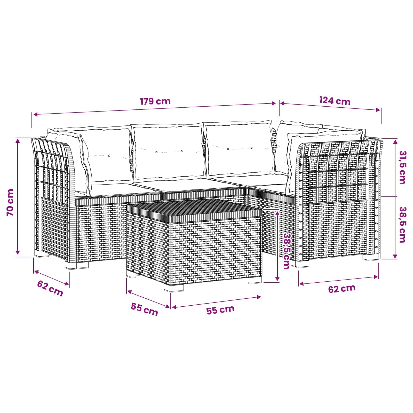 4-osobowa sofa ogrodowa z poduszką, antracytowa, odporna na warunki atmosferyczne, materiał PP, wygląd rattanu, modułowy zestaw mebli do siedzenia na taras, balkon, werandę, relaks i relaks