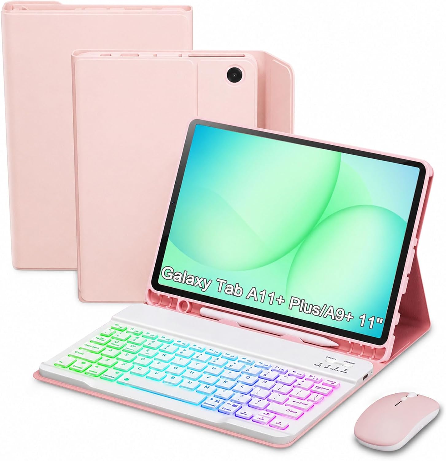 Keyboard Case for Samsung Galaxy Tab A11 Plus 11 Inch 2025 / A9+ Plus 2023 Tablet, Detachable Rainbow Backlit Wireless Keyboard and Mouse, Slim Stand Cover with S Pen Holder (Pink)