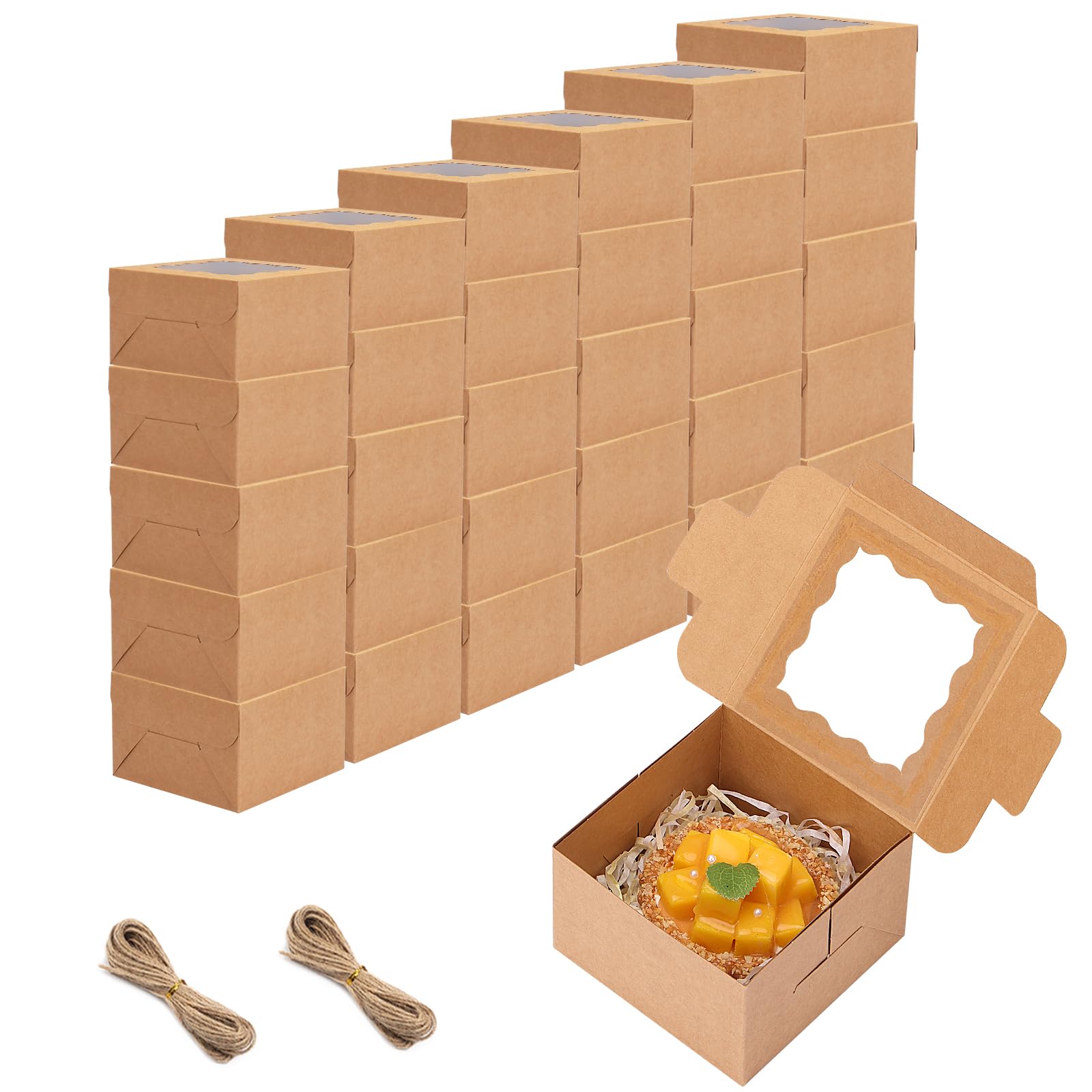 SUPERLELE30 Pack Mini Cookie Boxes 4 Inch Bakery Boxes with 66ft Twine Small Brown Kraft Cake Boxes with Window