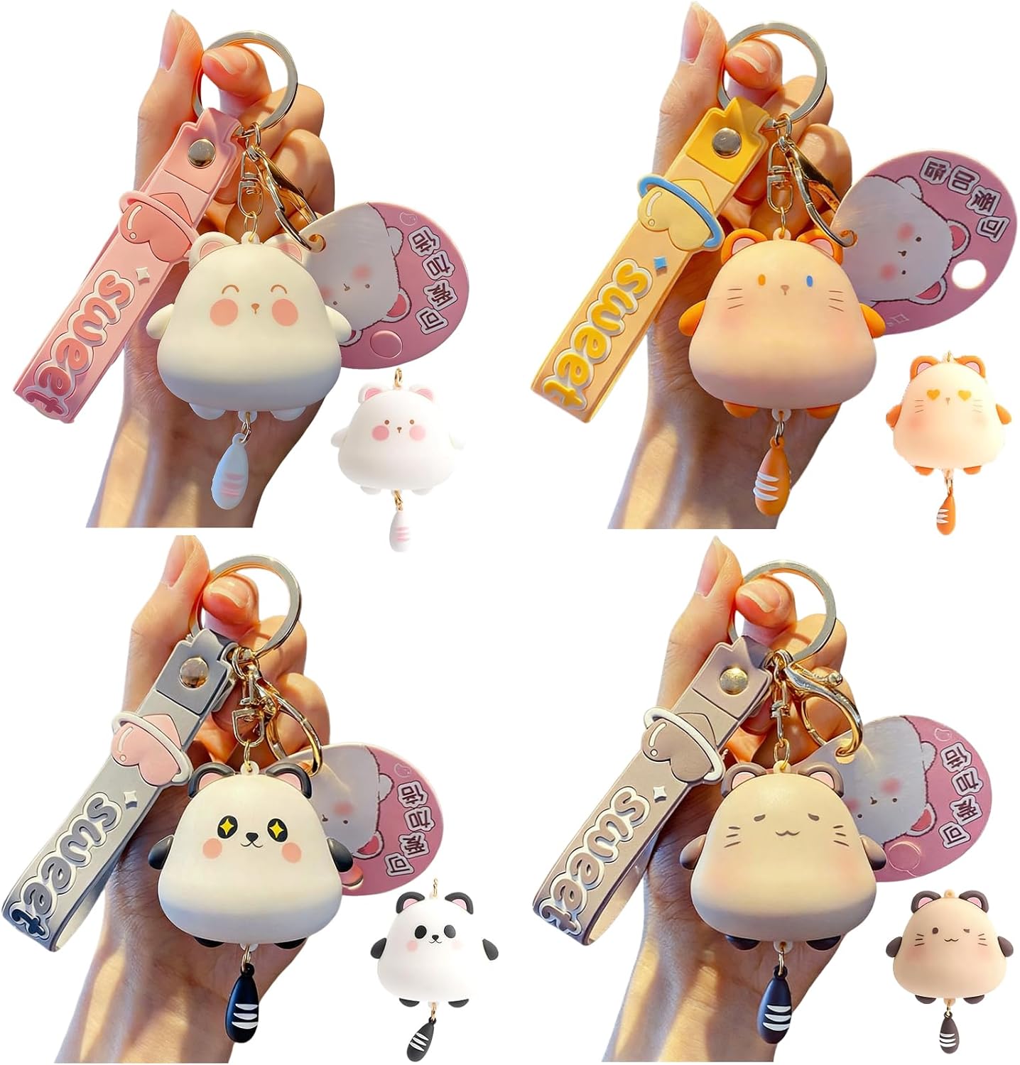 4Pcs Kawaii Cat Keychain, Cute Tanuki Keychain Bag Charm for Girls Women. Perfect Girly Gift & Backpack Decor