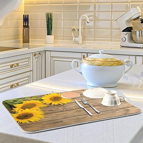 Miniatura 6 de Tapete de secado de platos, girasoles en madera, tapete de secado reversible absorbente de flores, tapete de secado de platos, tapete para secar