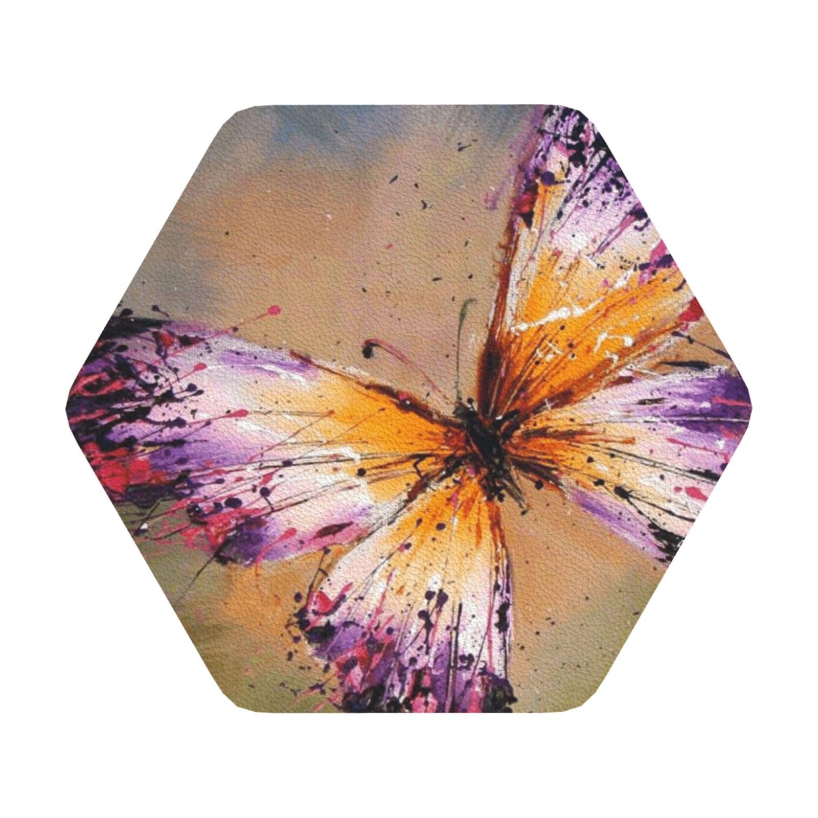 Embroidery Colorful Butterfly PU Leather Coasters Set of 6 Hexagon Drink Coasters