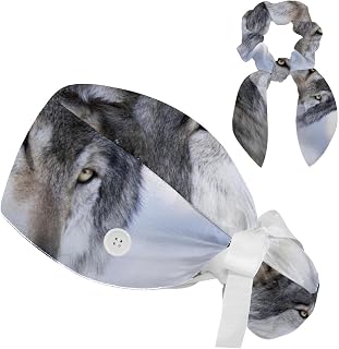 FVQL 2 Pieces Surgical Cap for Long Hair Scrub Cap with Hairband Nurse Cap, Wolf Animal Pattern