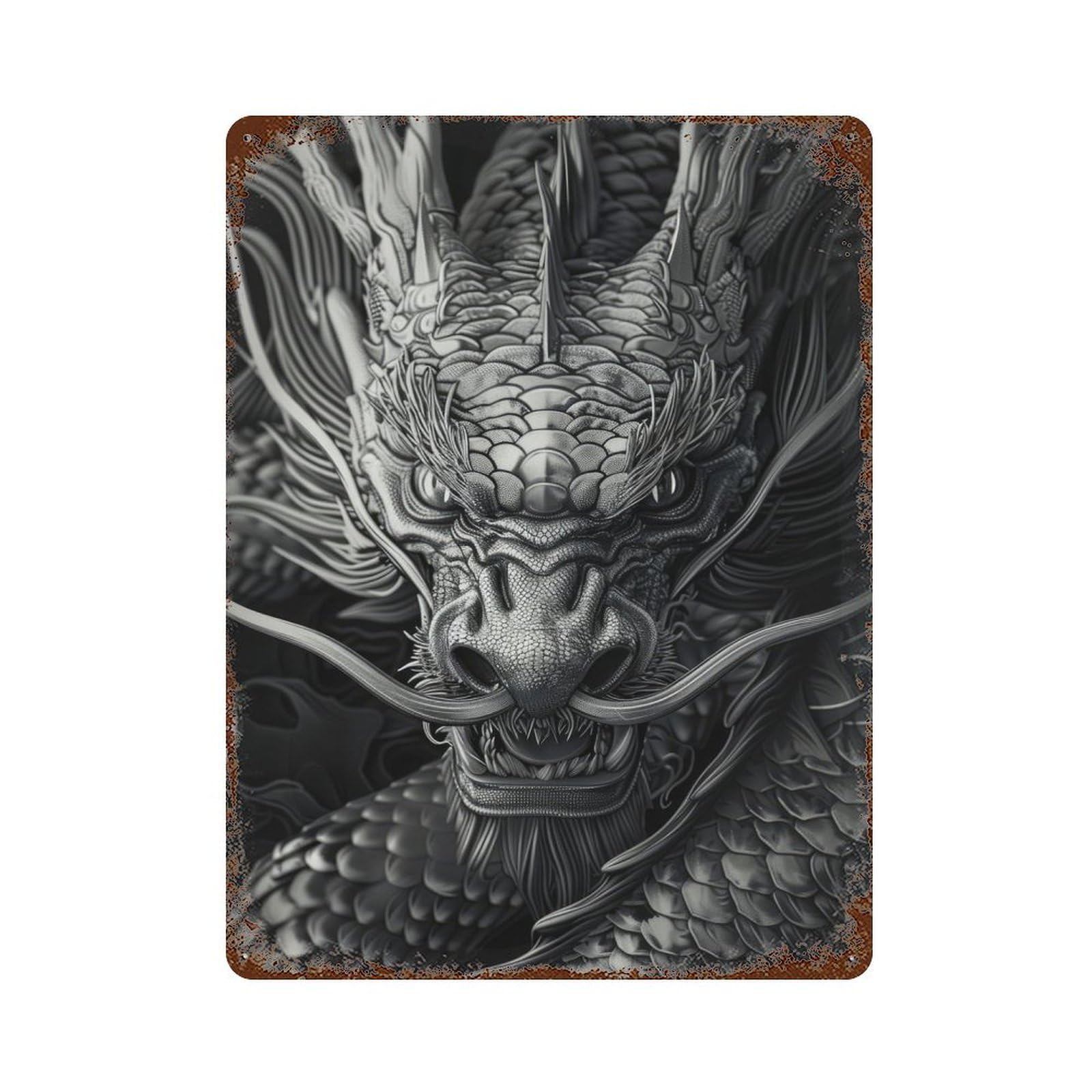 Obsidian Chinese Dragon Weathered Tin Sign 15.7"x11.8", Retro Wall Decor for Pub, Kitchen And Man Cave Decor