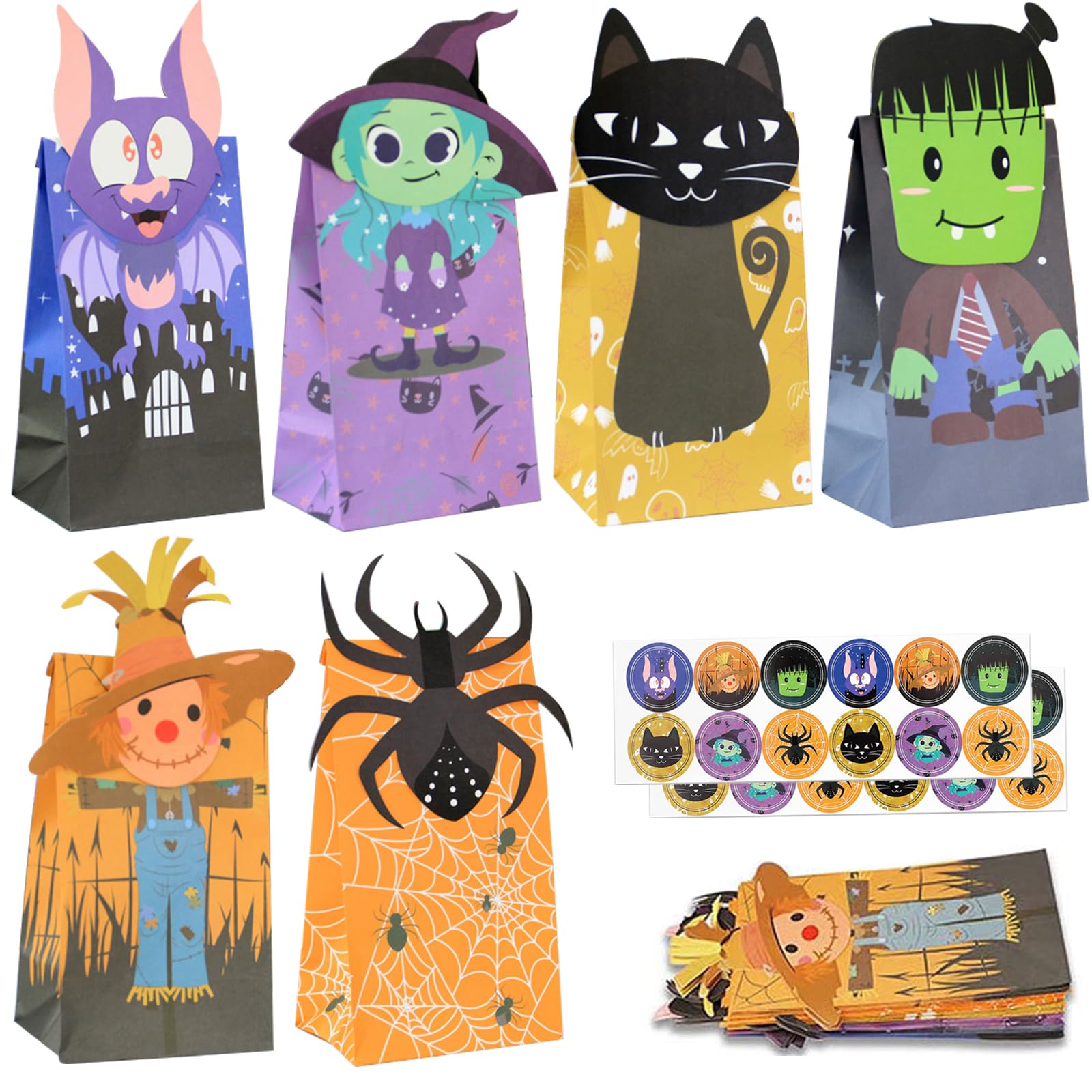 IHCEMIH Party Bags, 24 PCS Halloween Paper Gift Bag Treats Favour Bags Goodie Sweet Popcorn Cookie Candy Trick or Treat Bags with 24 Stickers for Halloween Party Favours Supplies — image 1