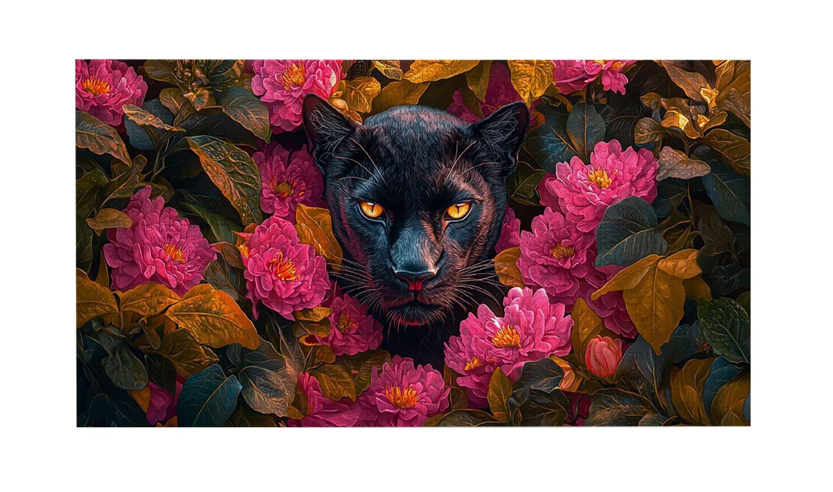 Drewniane puzzle dla dorosłych 900 sztuk - czarna pantera w kwiaty, gra logiczna dla dorosłych, grafika z nadrukiem w wysokiej rozdzielczości, kreatywne hobby prezent b-405
