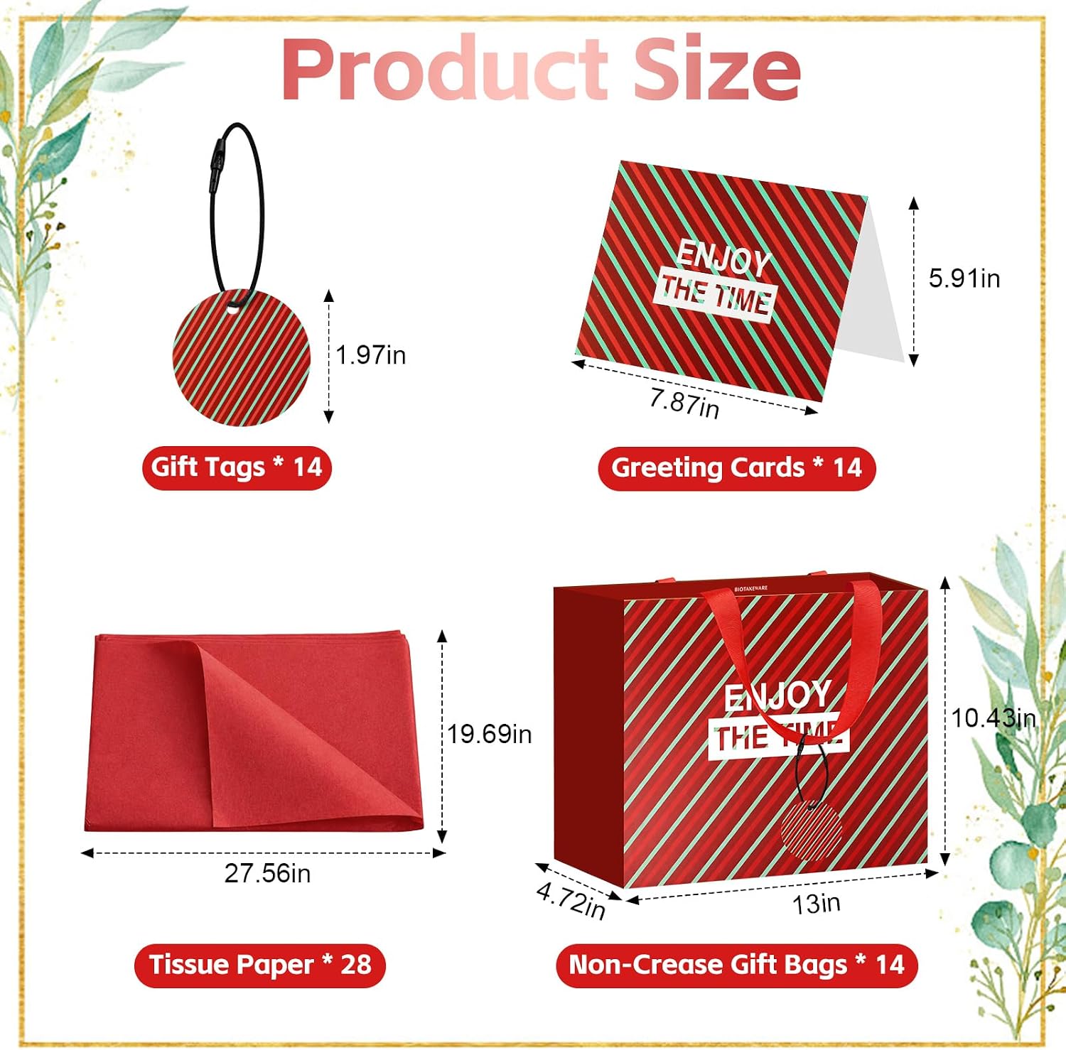 Biotakeware 14 Pack Red and Green Stripe Gift Bags with Handles, 13" Medium Non-Crease Paper Bags, Includes 28 Tissue Paper, 14 Greeting Cards & Tags, Perfect for Wedding, Birthday, Anniversary