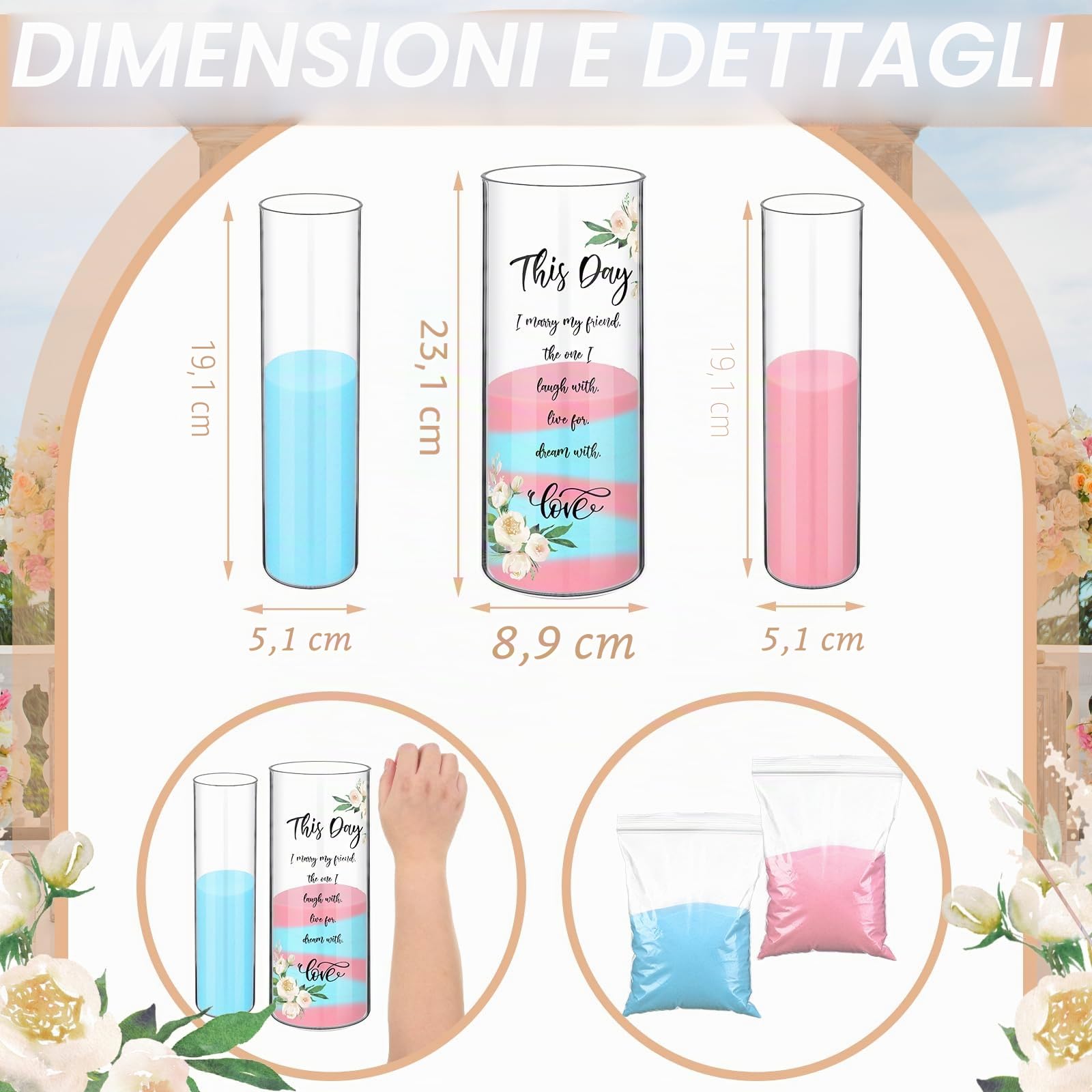 Irenare Sabbia per cerimonia di nozze Unità Kit di cerimonia di sabbia per matrimonio include 3 vasi per cerimonia di sabbia, 2 sacchetti di sabbia, 1 tappo di sughero per matrimoni, fidanzamenti,