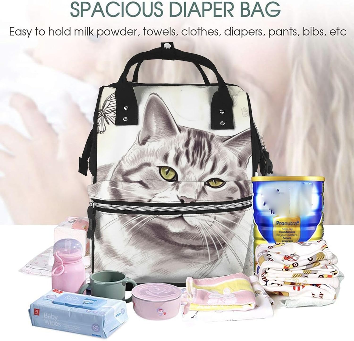 Cat and Butterfly Diaper Bag with Changing Pad, Pacifier Holder - Multifunction Travel Nappy Bags Large Capacity Laptop Backpack Waterproof Mommy Bag Casual Daypack for Mom image 5