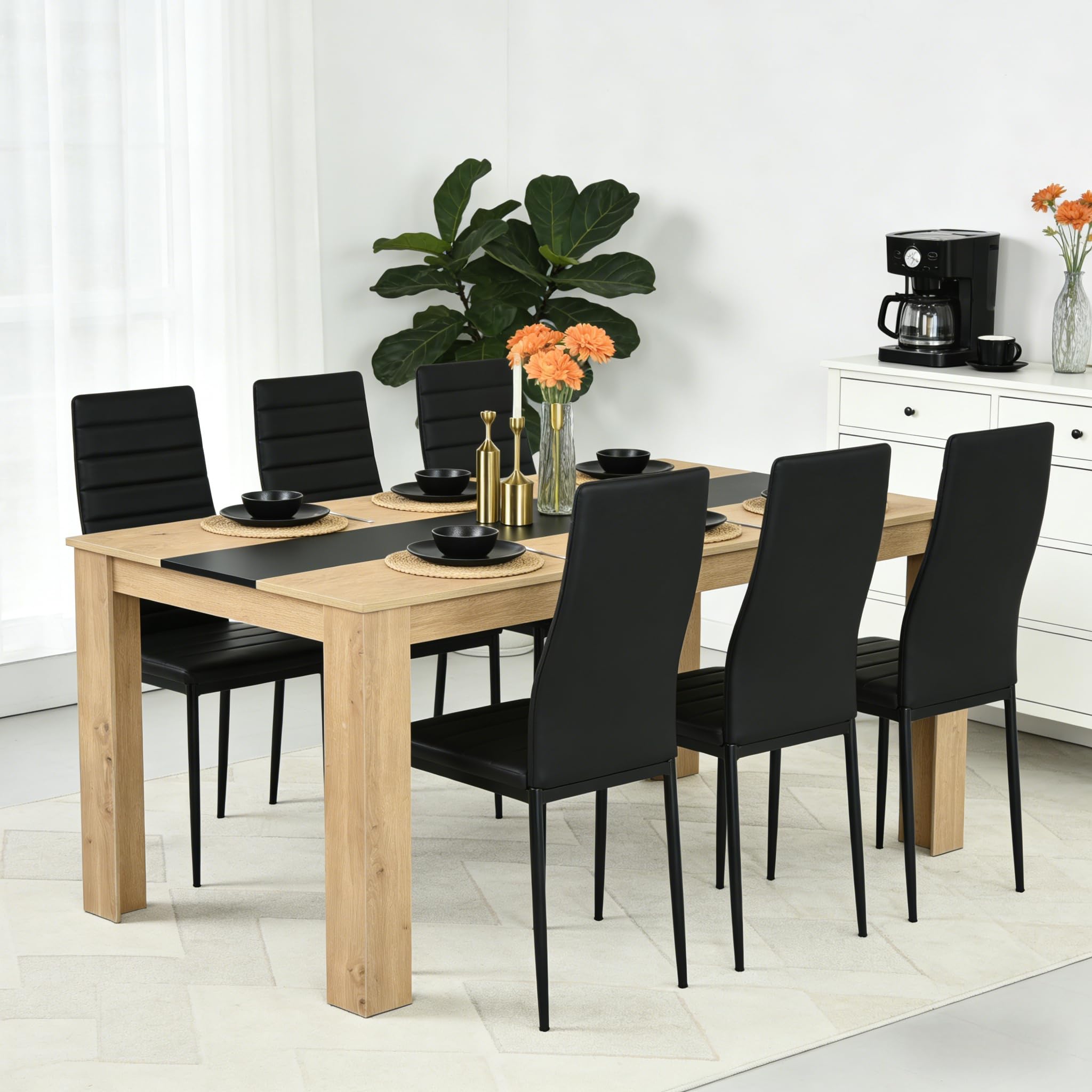 Conjunto 1 Mesa y 6 Sillas Comedor, Mesa:140x70x75cm, Silla:40x39x98 cm, Ideal para Comedor, Cocina y Salon, Mesa y Sillas Cocina