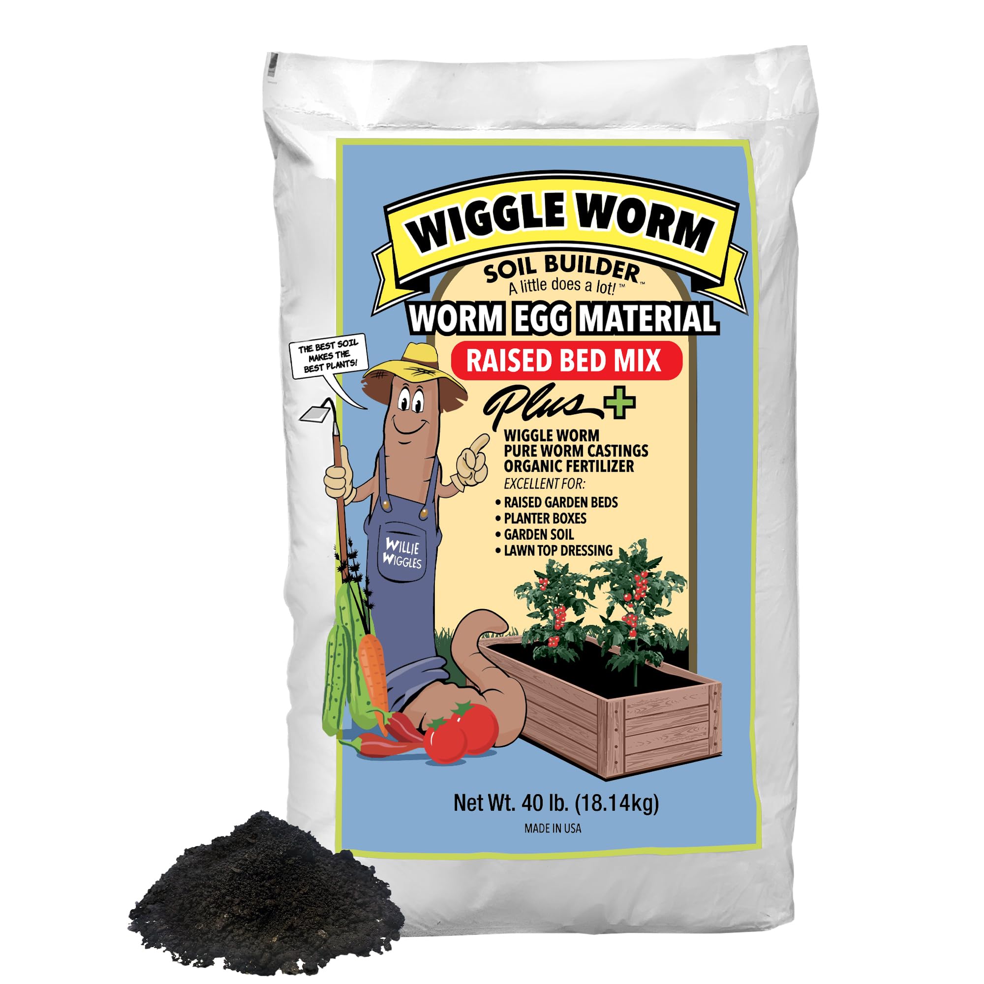 Raised Bed Mix, 40lbs - Organic Soil and Fertilizer for Container Gardening - Worm Egg Material Mixed with Odor Free Pure Worm Castings