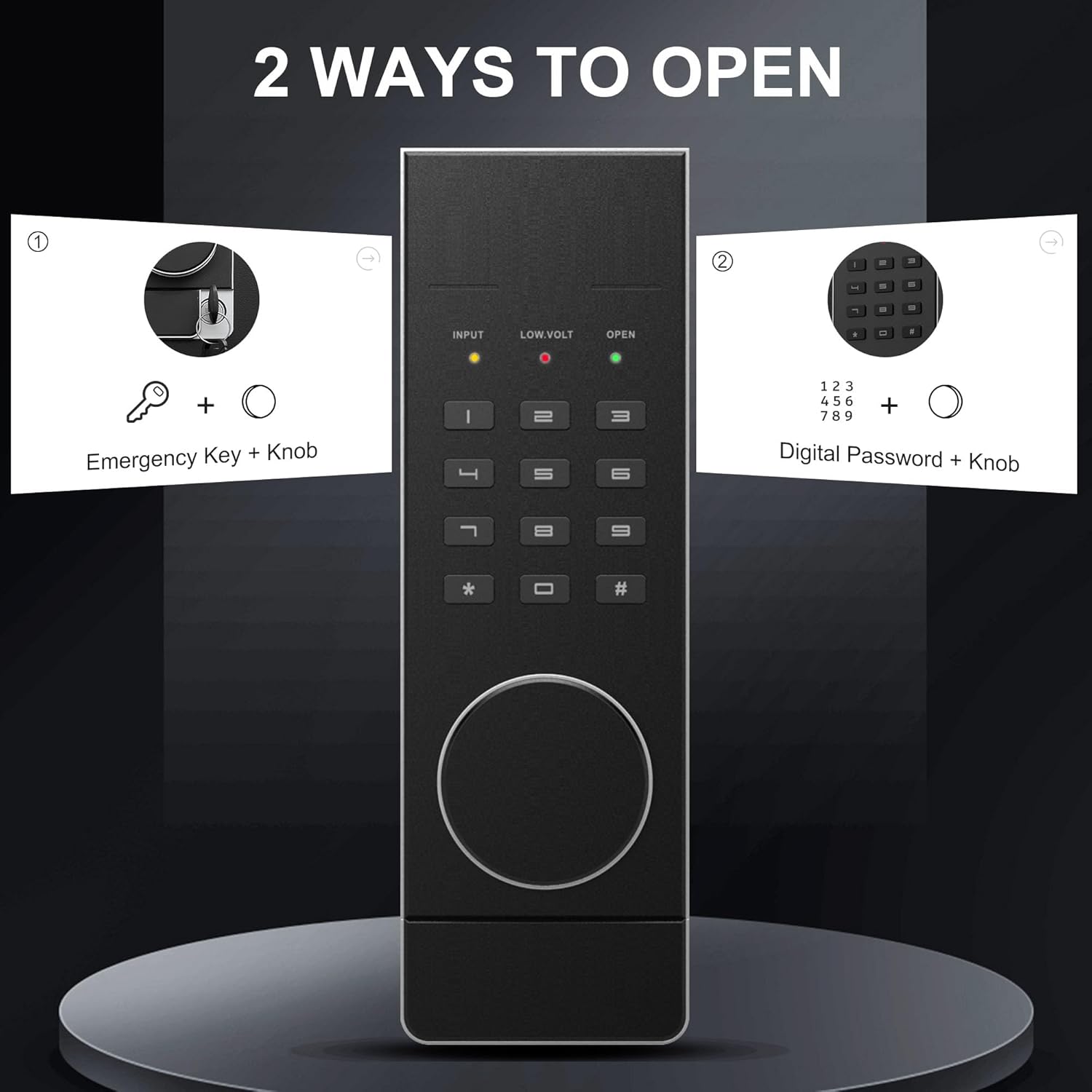 Image showing the digital keypad and the emergency key being inserted into the keyhole, illustrating one of the two ways to open the safe.