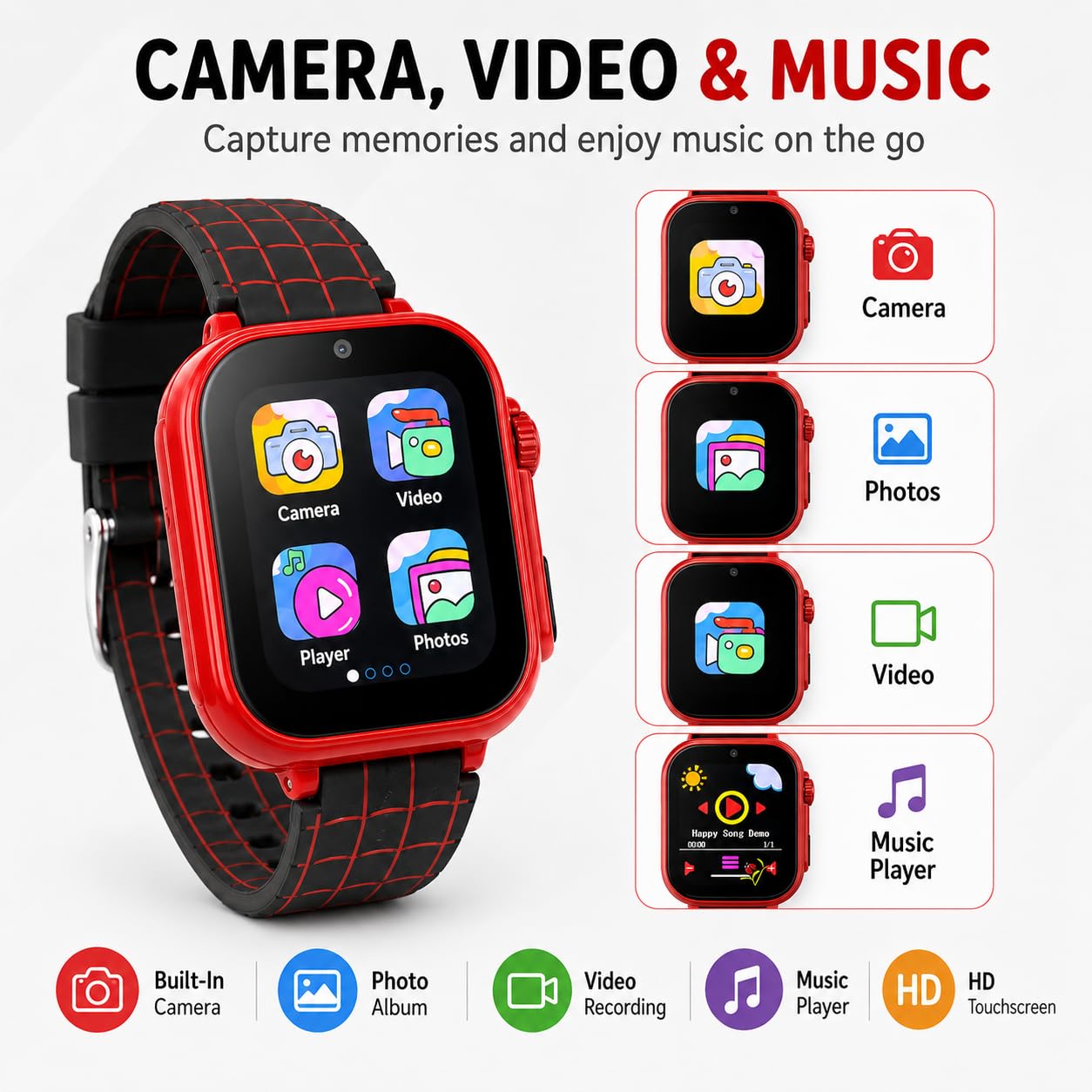 Orologio intelligente per bambini, motivo: ragnatela rossa, con fotocamera