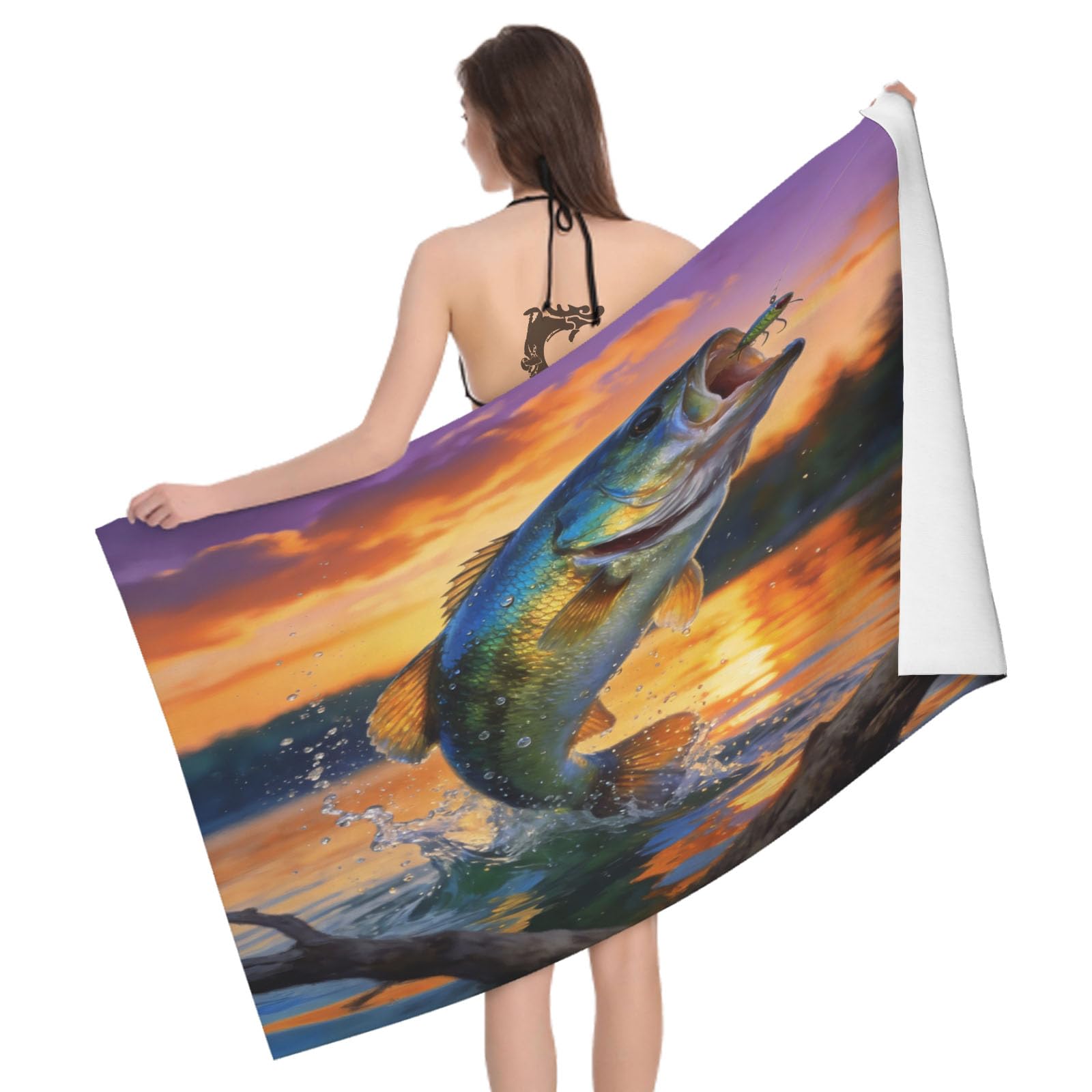 Leichong 3D Fishing Bass Beach Towel Microfiber Soft Quick Dry for Adults, Country Look Bath Towel Lightweight Soft Absorbent for Travel Swimming Pool Sports, 75 x 150 cm