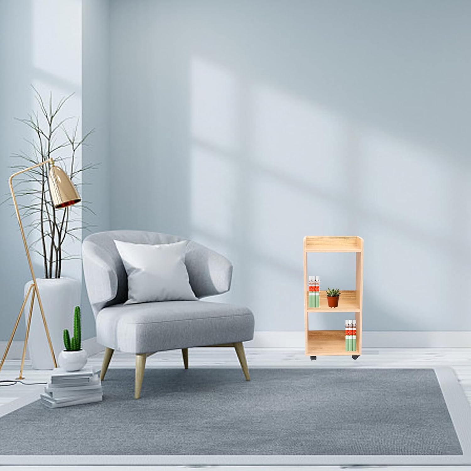 VILLCASE Wooden Storage Shelf with Wheels, Movable Floor Cabinet 30x24x66cm, Rubberwood Organizer Rack for Home Storage and Sundries Display