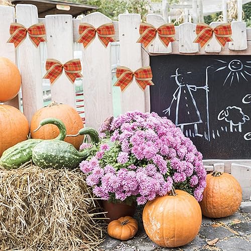 Miniatura 4 de 10 lazos de otoño para corona, lazos de corona de Acción de Gracias, lazo naranja y rojo a cuadros, lazo de arpillera natural, lazos de árbol de