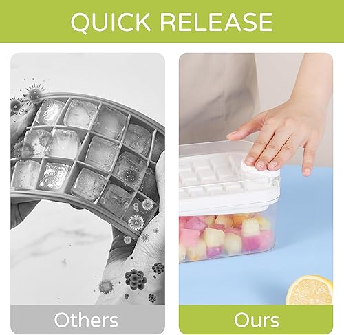 Miniatura 3 de ALSTER Bandeja para cubitos de hielo con tapa y contenedor, 64 moldes para cubitos de hielo de fácil liberación para congelador, contiene con