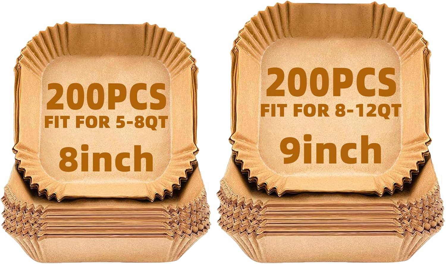 200Pcs 8inch Air Fryer Liners Disposable for 5-8QT and 200Pcs 9IN Disposable Air Fryer Paper Liners for 8-12QT,Non-Stick Parchment Paper Square Air Fryer Liners Free of Bleach