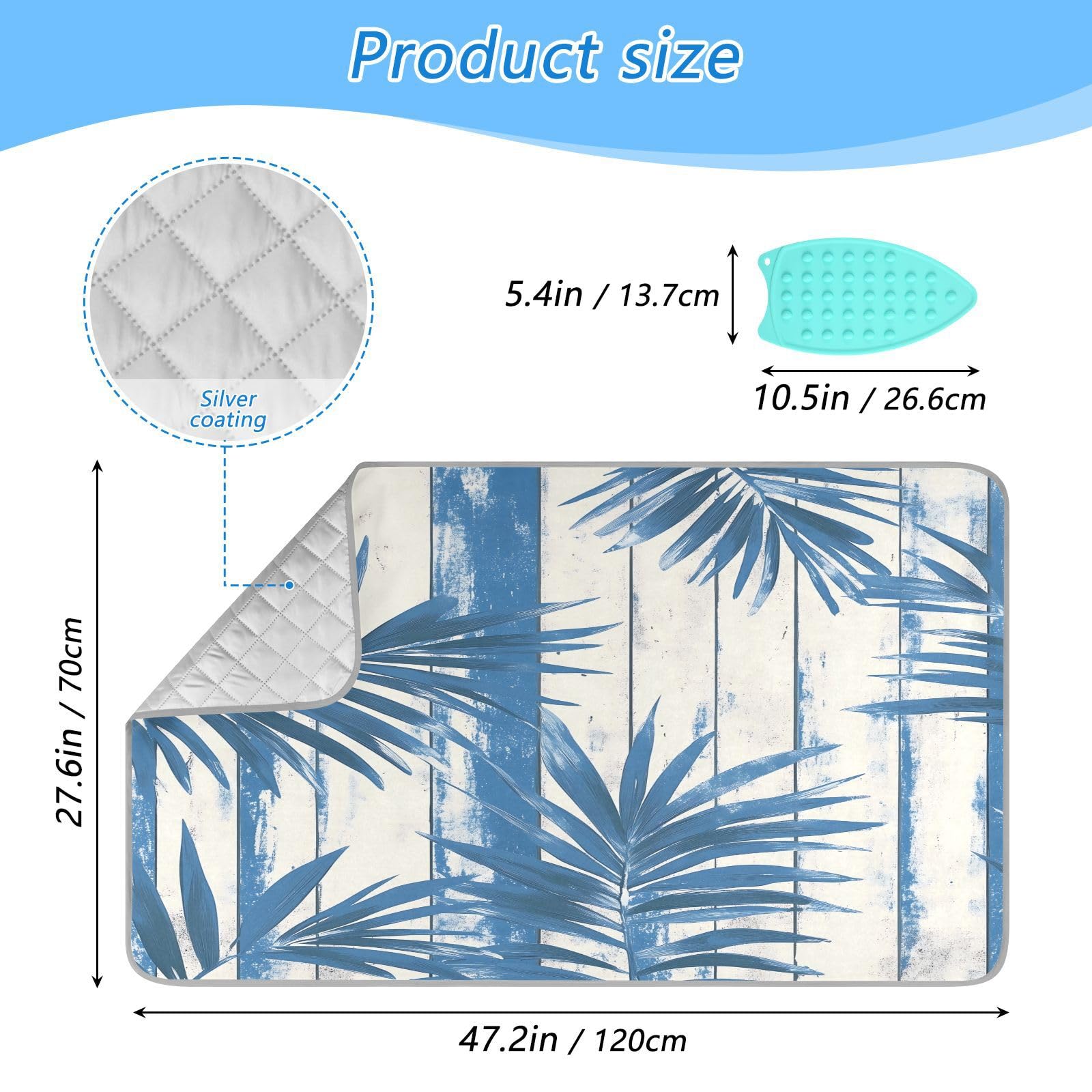 pnyoin Portable Ironing Mat Blue Striped Leaves Travel Ironing Pad with Silicone Iron Rest for Steam Pressing on Tabletop or Bed Heat Resistant Portable Quilting & Travel Blanket