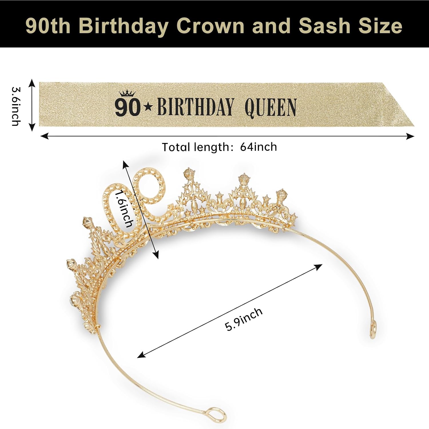 Uiorgui 90th Birthday Crown and Sash for Women, 90 Tiara Headband, Black Gold 90th Birthday Decorations for Woman 90 Year Old Gifts Favors for Her Wife Mom Grandma