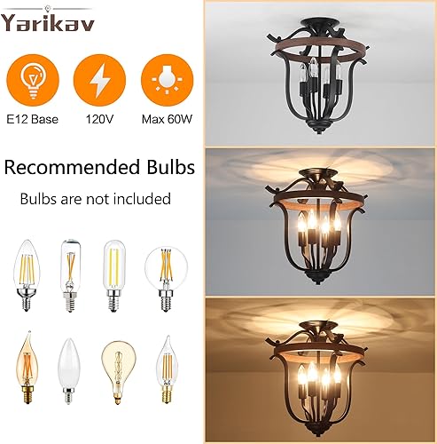 Miniatura 5 de Lámpara de araña rústica de 4 luces, estilo vintage, rústico, mini lámpara de techo empotrada, metal negro y madera sintética, candelabro rústico