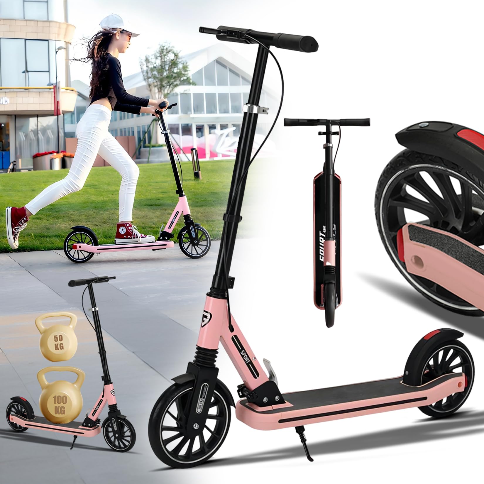 CUIOT Commuter Adult Scooter 330 lbs Capacity, 8IN Solid Tires Big Wheels Scooters, 3 Handle Height Adjustable Levels, with Double Braking System, Foldable Scooter,Kick Scooter for Ages 6+,Pink
