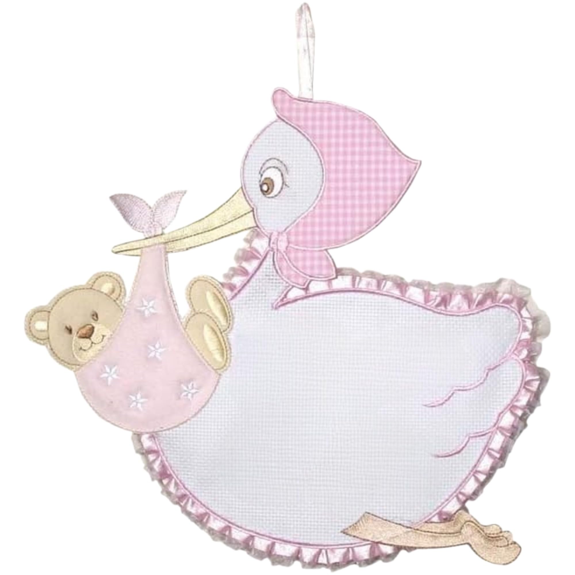 Fiocco Nascita Cicogna da Ricamare con Orsetto Rosa 25X35 cm