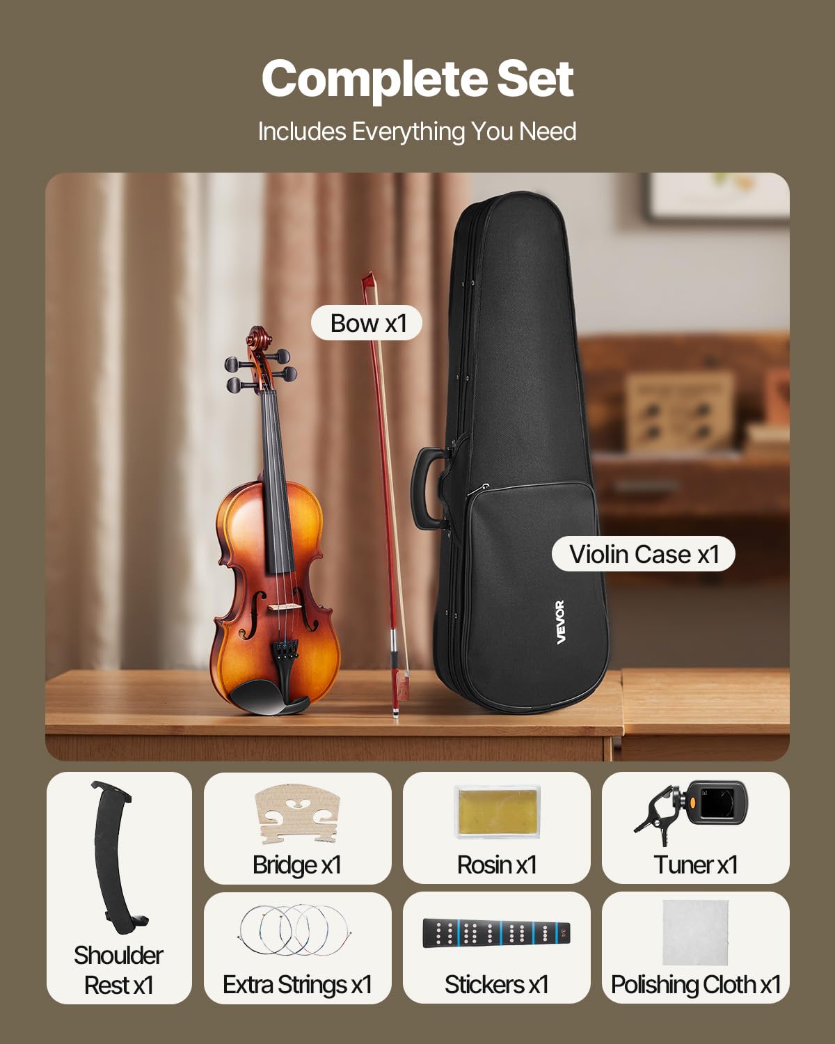 VEVOR Violon 3/4 Kit Débutant avec Étui, Archet, Colophane, Accordeur, Cordes de Rechange, Marron