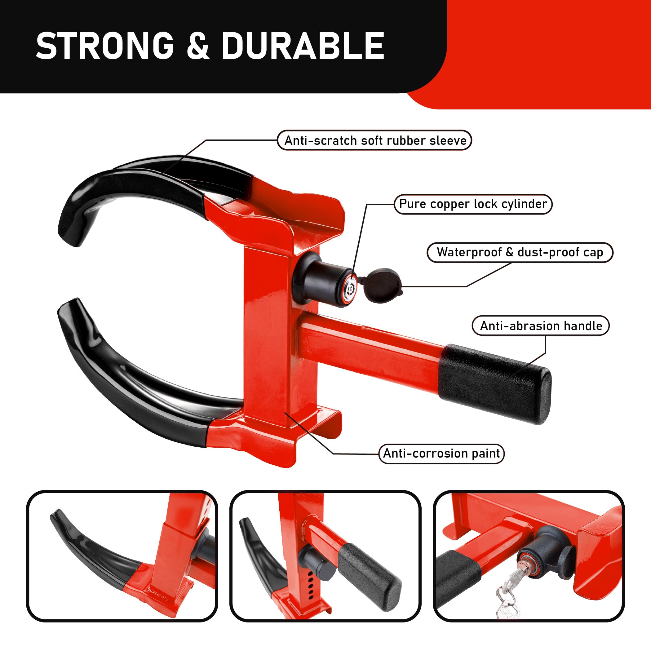 CARTMAN 2 Packs Heavy Duty Trailer Wheel Clamp, Red/Black Universal Security Tire Lock, Adjustable Anti Theft Lock for Trailers SUV Boats ATVs Motorcycles Golf Cart, 6 Alike Keys