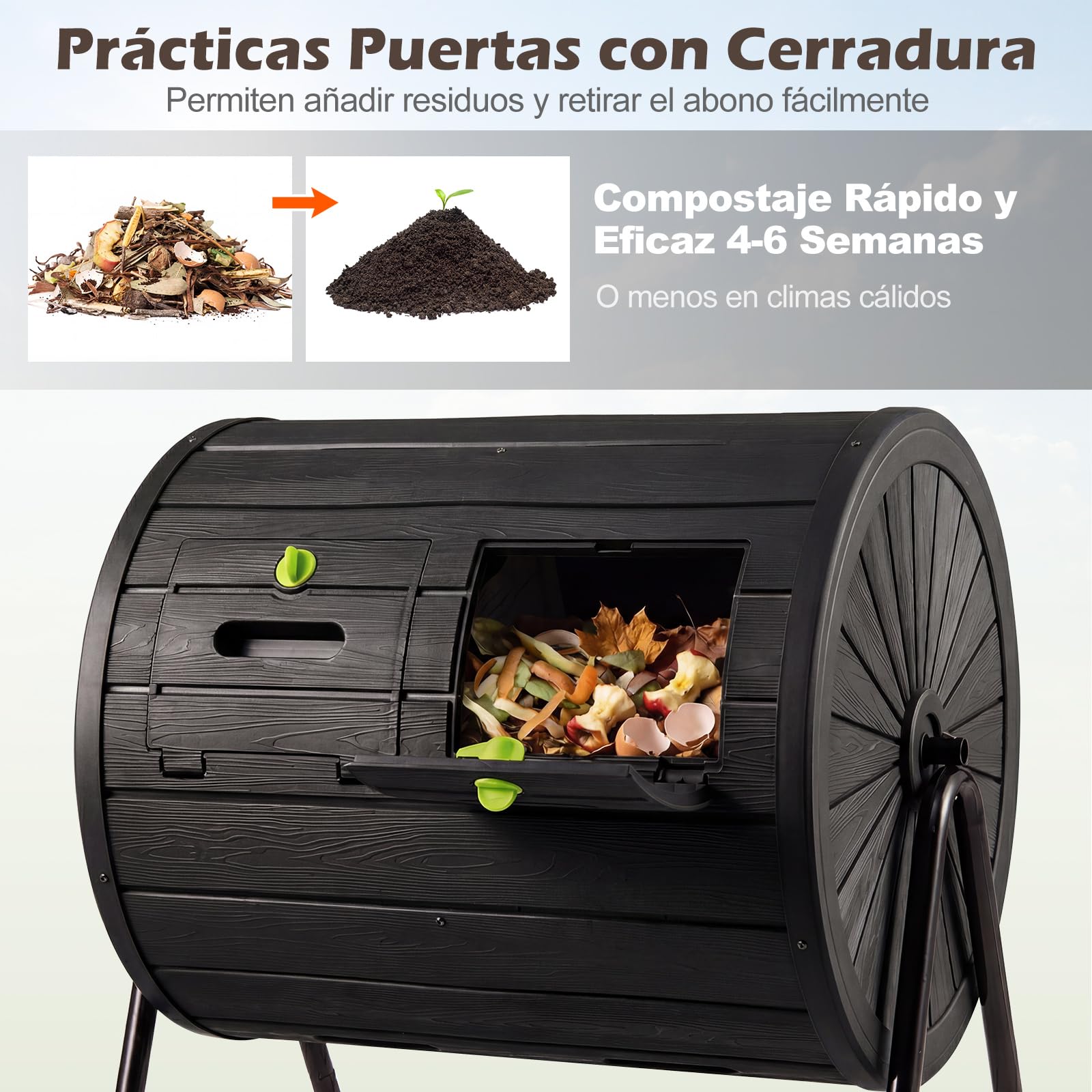 COSTWAY Compostador Giratorio 142 L, Contenedor de Compostaje con Doble Cámara, 2 Puertas Bloqueables, Rotación de 360°, Jardinero Cocina Patio Granja, sin BPA (Negro)