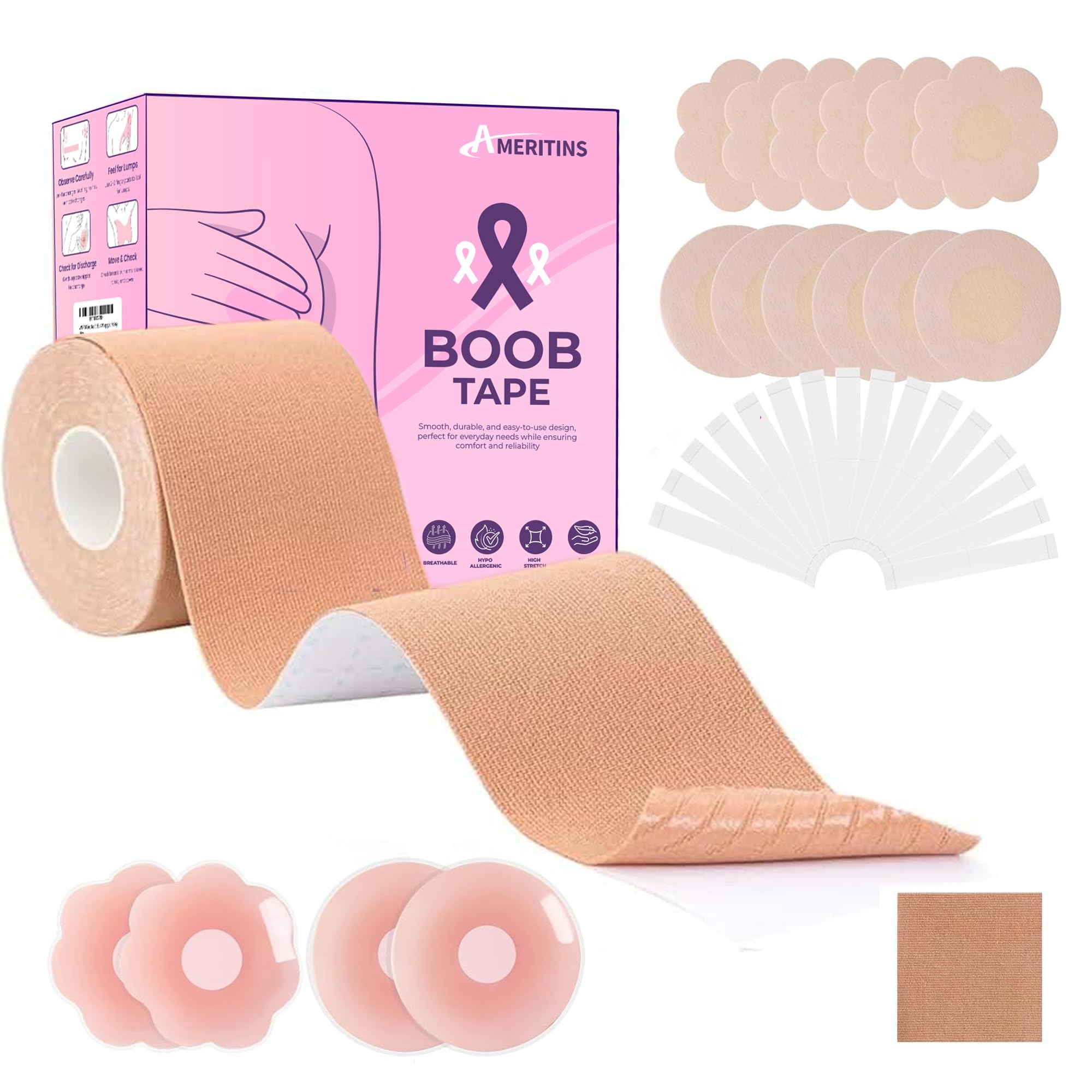 AMERITINS Boob Tape for Breast Lift – Invisible Nipple Covers for All Bust Sizes – Strong Adhesive, Sweat-Proof, Skin-Friendly, Stretchable– Perfect for Backless, Strapless & Plunging Outfits Beige