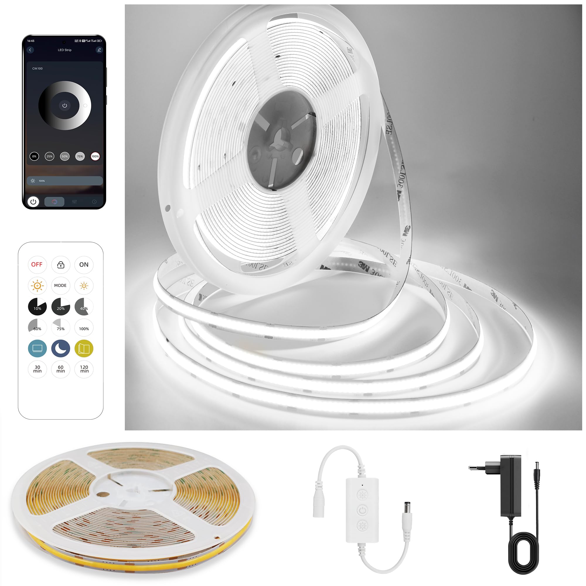 ruban led cob,Blanc Froid 6000K bande led 7.5m,24V bandeau led,320LED/M,Largeur 8mm CRI90+,leds pour chambre Dimmable avec Telecommande et Alimentation,Bande LED Cuisine Décorer