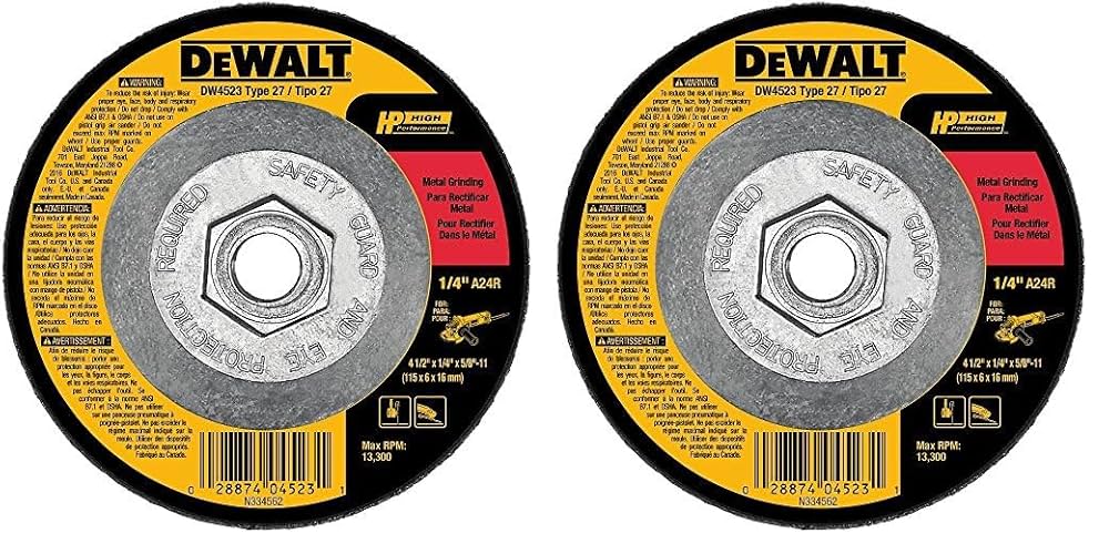 DEWALT Grinding Wheel, General Purpose for Metal, 4-1/2-Inch x 1/4-Inch x 5/8-Inch (DW4523) (Pack of 2)