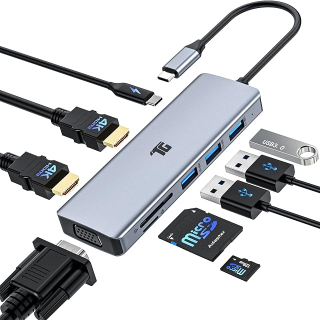 USB C Hub, USB C Adapter, Animal Grade 9 in 1 Triple Display Collage Display Type C Adapter with 2 4K HDMI, VGA, PD 3.0, USB 3.0 and TF/SD Card Reader for MacBook and Type-C Laptops