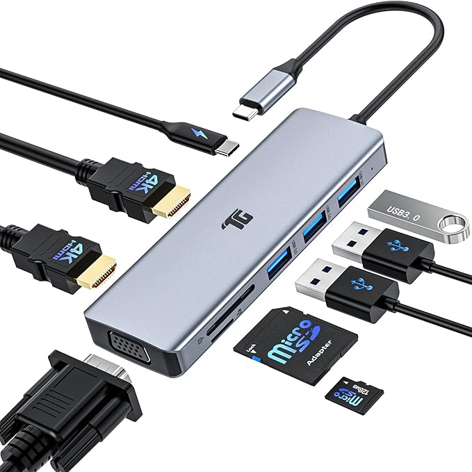 Hub USB C, Adaptador USB C, Tiergrade 9 en 1 Triple Pantalla Collage Display Tipo C Adaptador con 2 4K HDMI, VGA, PD 3.0, USB 3.0 y Lector de Tarjetas TF/SD para portátiles MacBook y Tipo-C