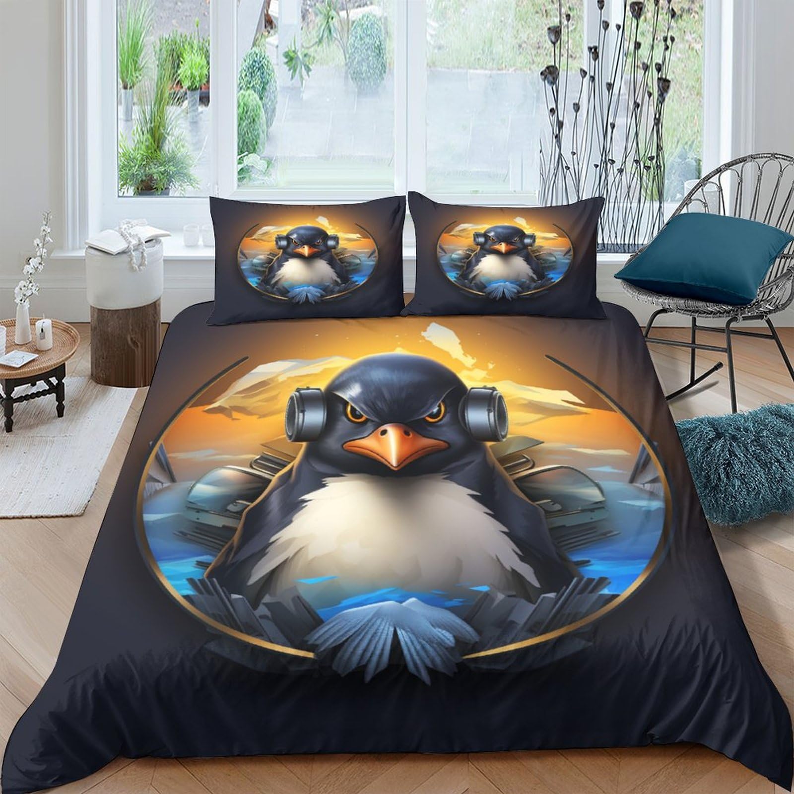 Housse de couette pingouin 200x200 cm avec 2 taies d'oreiller
