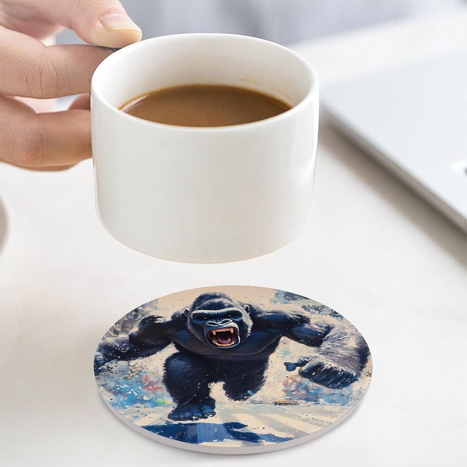 Angry Fighting Gorillas Round Ceramic Coasters Print Drinks Absorbent with Cork Base for Home Decor Gifts 4 Inch