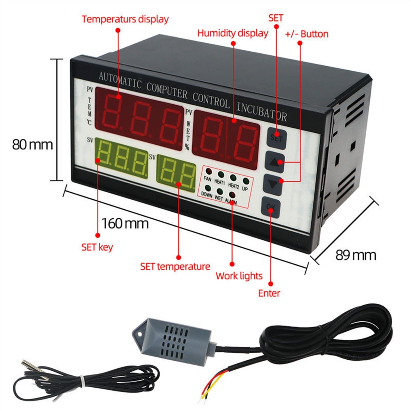 Controlador Digital for incubadora de Huevos XM-18 con termostato Multifuncional, higrostato y sonda con Sensor de Temperatura y Humedad.