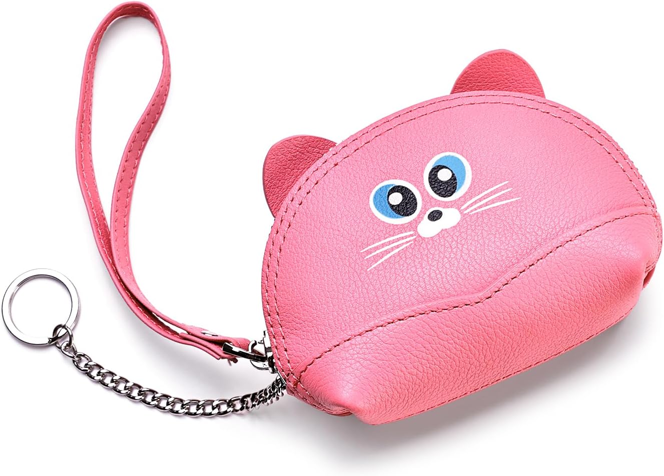 Cute Animal Coin Purse, Genuine Leather Multi‑Color Mini Zipper Wallet with Key Ring, Portable Small Change Pouch for Coins Cards Earbuds, Gift for Women Kids (Pink, Cat)